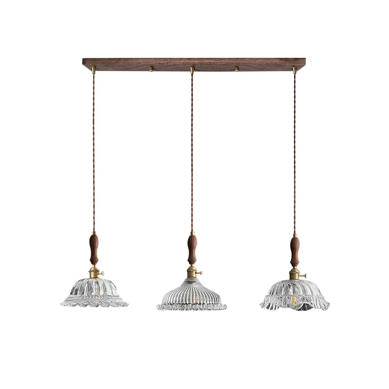 

American retro, walnut restaurant chandelier, French light luxury three-head combination glass chandelier, Japanese, brass lamp