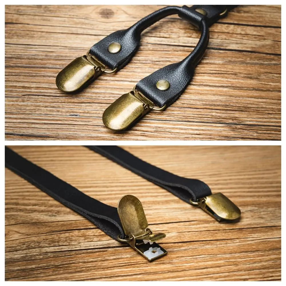 Fashion 1.5CM Suspenders for Men Retro British Style Leather Suspenders Spaghetti Strap Anti-slip Suspender Clip Business