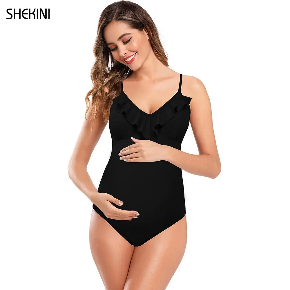 SHEKINI Women's V-neck Ruffle Maternity One Piece Swimsuit Ruched Pregnant Bathing Suit Stylish Strap Bikini Beach Swimwear