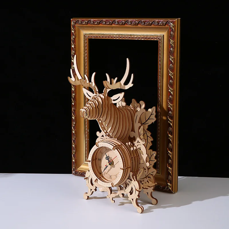 

3D Wooden Reindeer Clock Puzzle DIY Assembly STEM Educational Toy Creative Living Room Decorative Clock Model