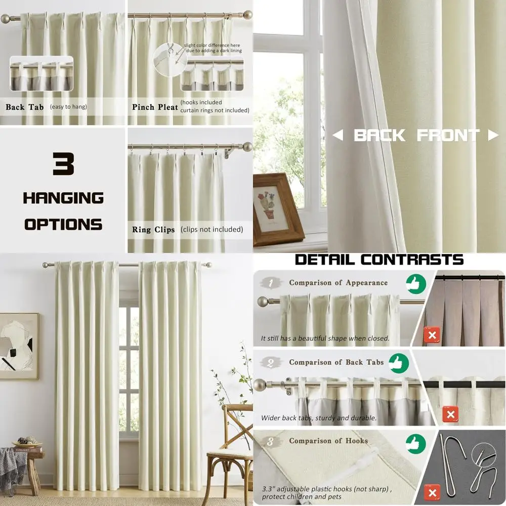 

Blackout Noise-Reducing 40x80 Double Pleated Linen Curtains for Patio Door, Beige Cream Texture