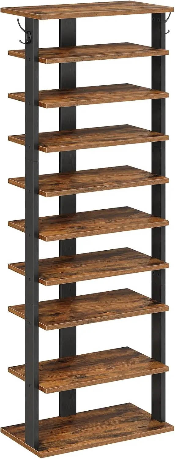

10 Tiers Vertical Shoe Rack, Wooden Shoe Storage Organizer with Hooks, Narrow Shoe Tower for 20 Pairs, Space Saving, for