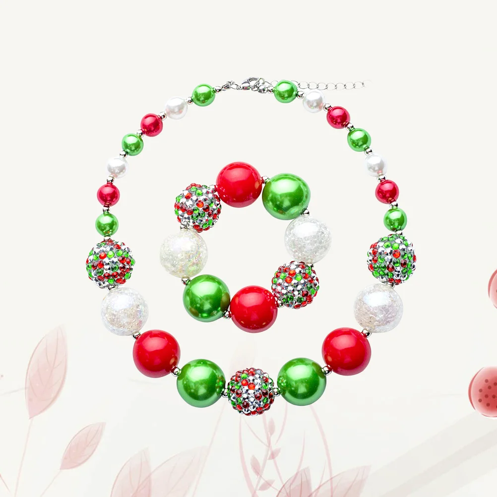Conjunto de collar y pulsera de cuentas gruesas, joyería verde para niñas, collar para fiesta de Navidad, joyería para niñas