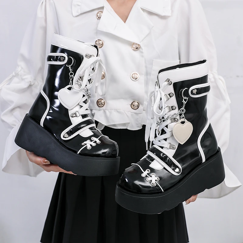 Lolita Shoes Boots Woman Winter 2023 Platform Heels Women\'s Mid Calf Booties Gothic Pink Kawaii Chain JK Cosplay Japanese Style