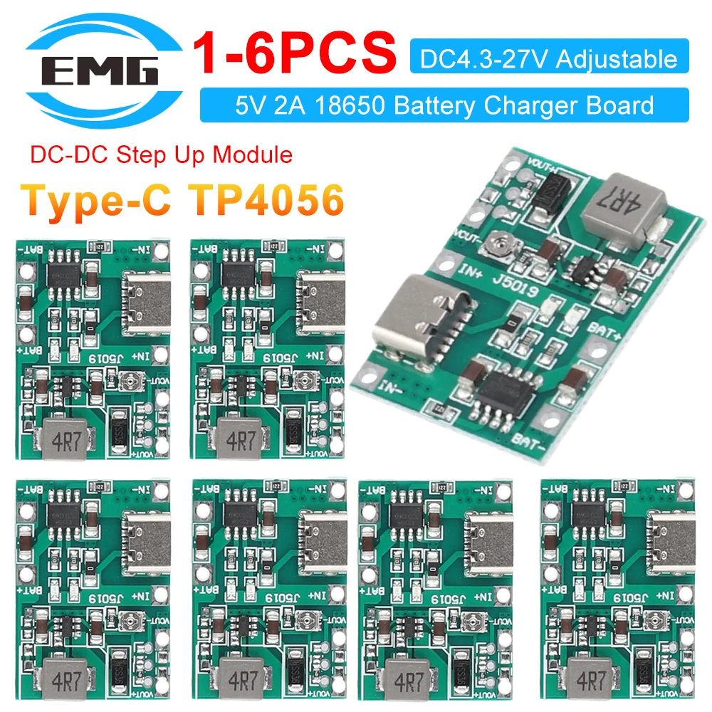 1-6PCS TP4056 Charger Discharge Power Board Type-C Lithium Li-ion 18650 Battery Charger Board 5V 2A DC4.3-27V Adjustable DIY Kit