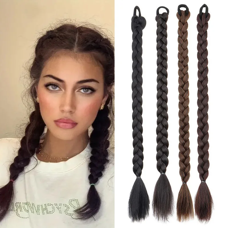 

24Inch Synthetic Long Box Twist Braid Ponytail Hair Extension Elastic Rubber Band Black Hairpiece for Women1pcs2026