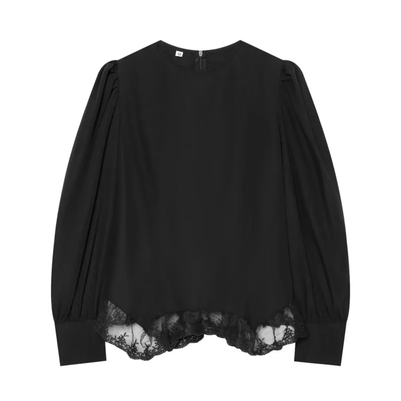 Women's Shirt With Lace Hem New 2026 O-Neck Long Sleeve Loose Blouses Asymmetric Hem Chic Female Tops