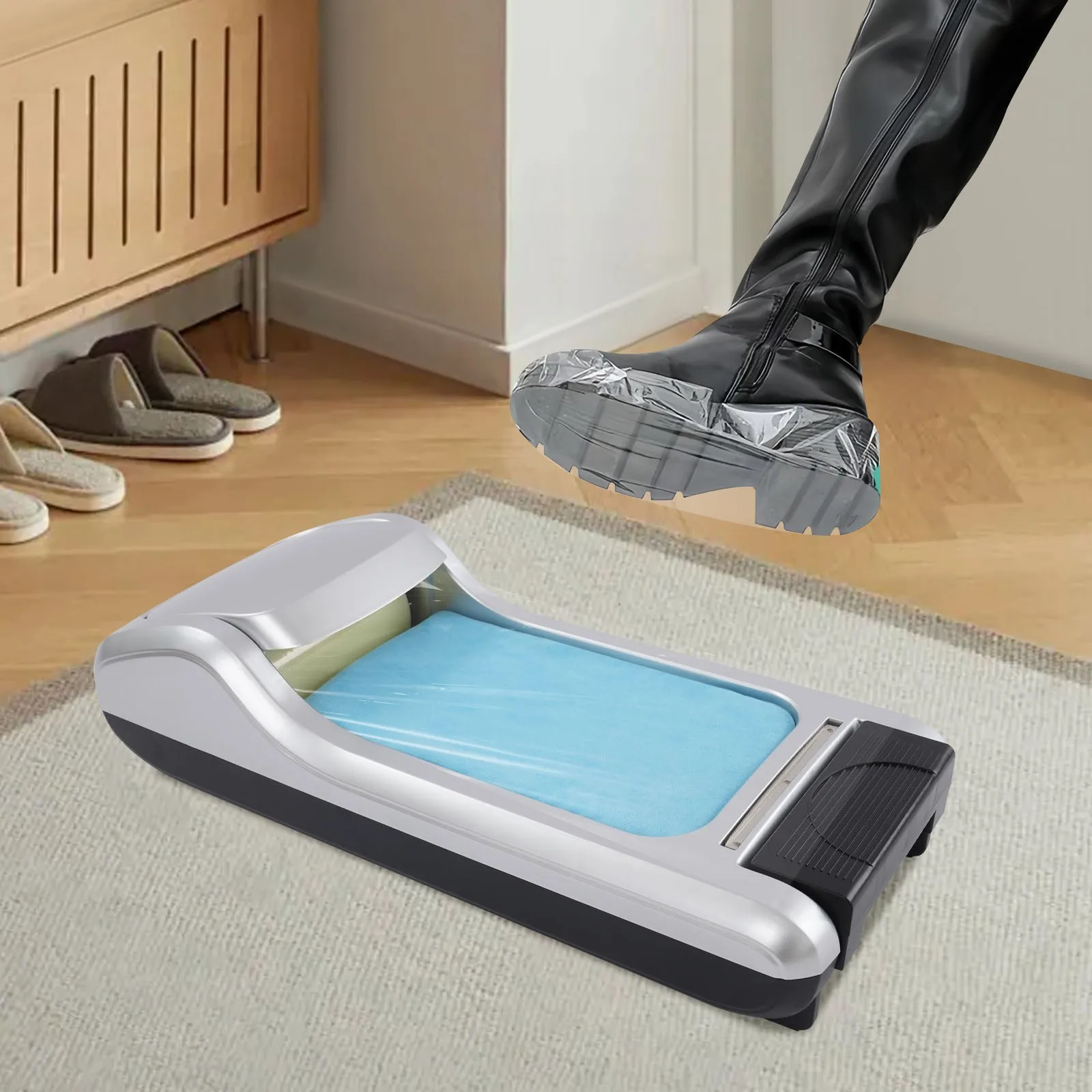 

Pedal-Operated Shoe Film Machine for Shop/Office, Hygienic & Cordless Entryway Solution