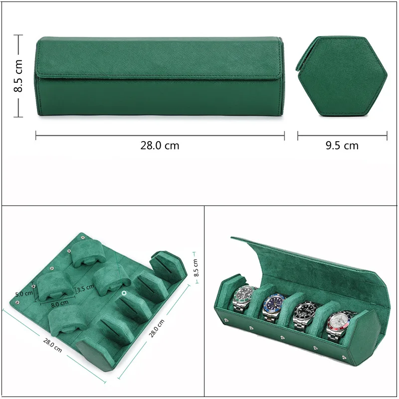 Watch Traval Case Box Organizer 4 Slots Genuine Leather Portable Zipper Watch Case Bracelet Green Display Box