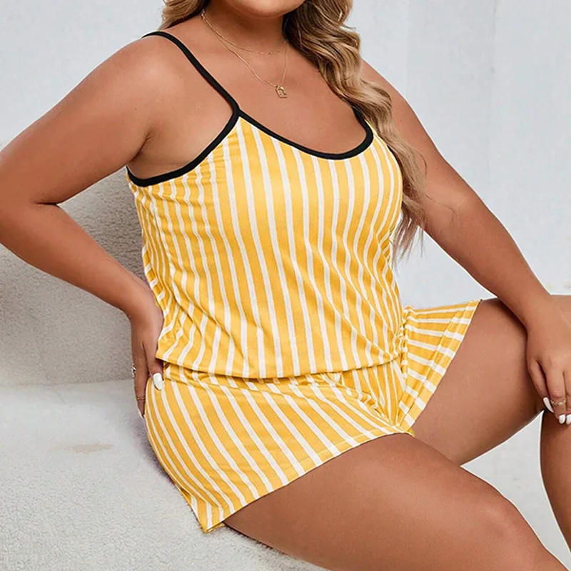 5XL Plus ขนาดผู้หญิงชุดนอนฤดูร้อนลาย Camisole กางเกงขาสั้น Homewear Soft Smooth ชุดนอน 2 ชิ้นสลิง Top & กางเกงขาสั้น Lounger
