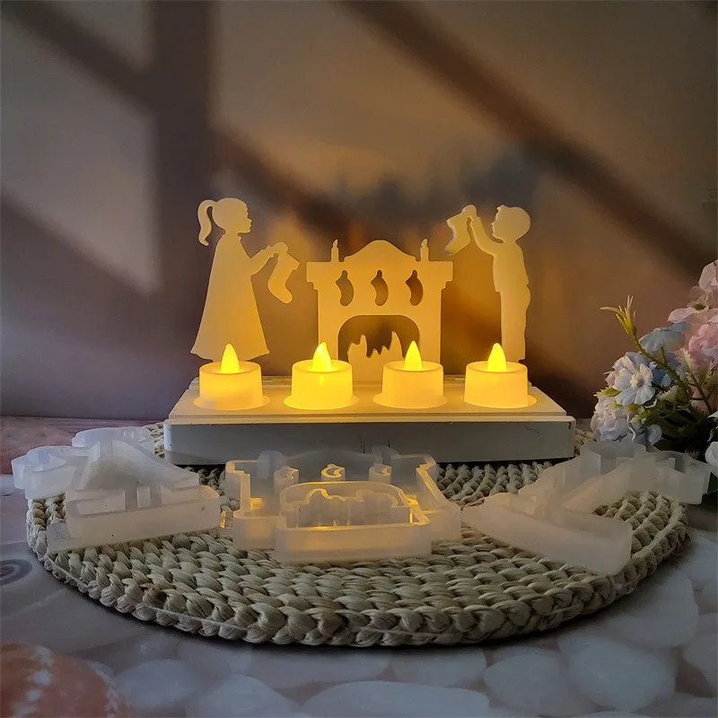 DIY Christmas Set Plugin Silicone Mold Boy and Girl Handheld Christmas Socks Fireplace Ornament Epoxy Resin Mold Home Decoration