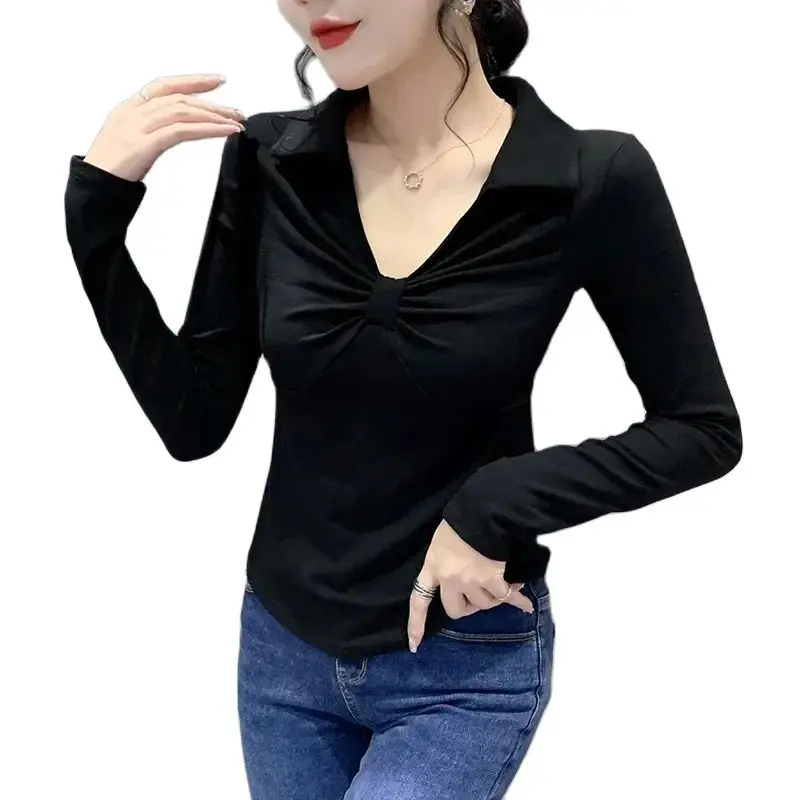 

Spring Summer Short Pullover Shirt Women 2024 New Loose POLO Neck Pure Colour Blouse Fashion Fold Long Sleeve Shirts Female