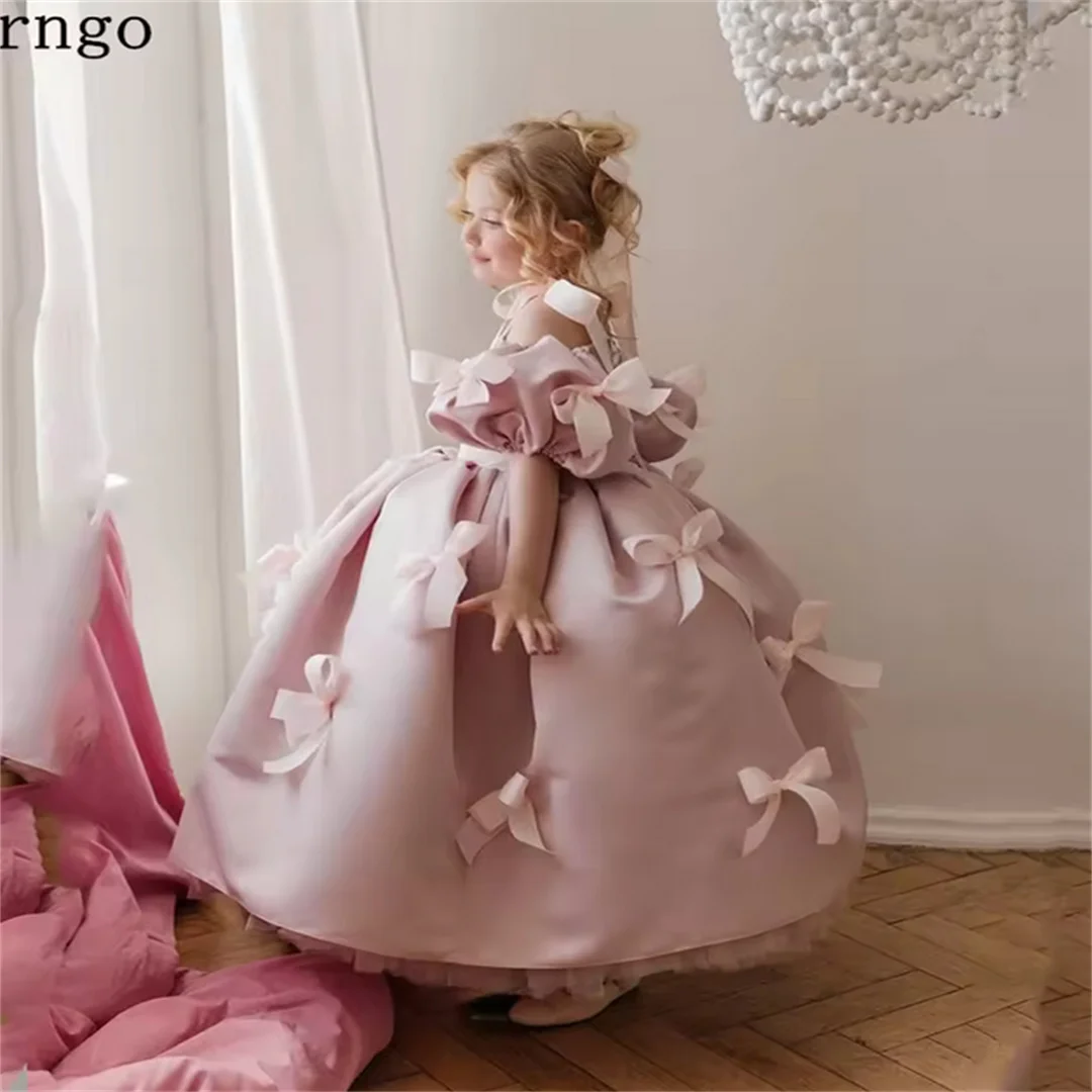 

Verngo Pink Satin Girl Flowers Dress Spaghetti Straps A Line Ball Gowns Bow Lace Up Kid Formal Occasion Dresses Customized