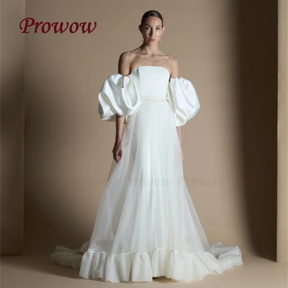Prowow Elegant Strapless A Line Wedding Dress Puff Short Sleeves Ruffles Bridal Gown Lace Up Back Sweep Train Customized