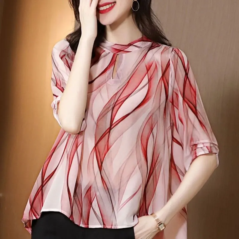 2023 Summer Commute Stand Collar Cut Out Chiffon Blouse Female Clothing Stylish Printed Casual Half Sleeve Loose Patchwork Shirt