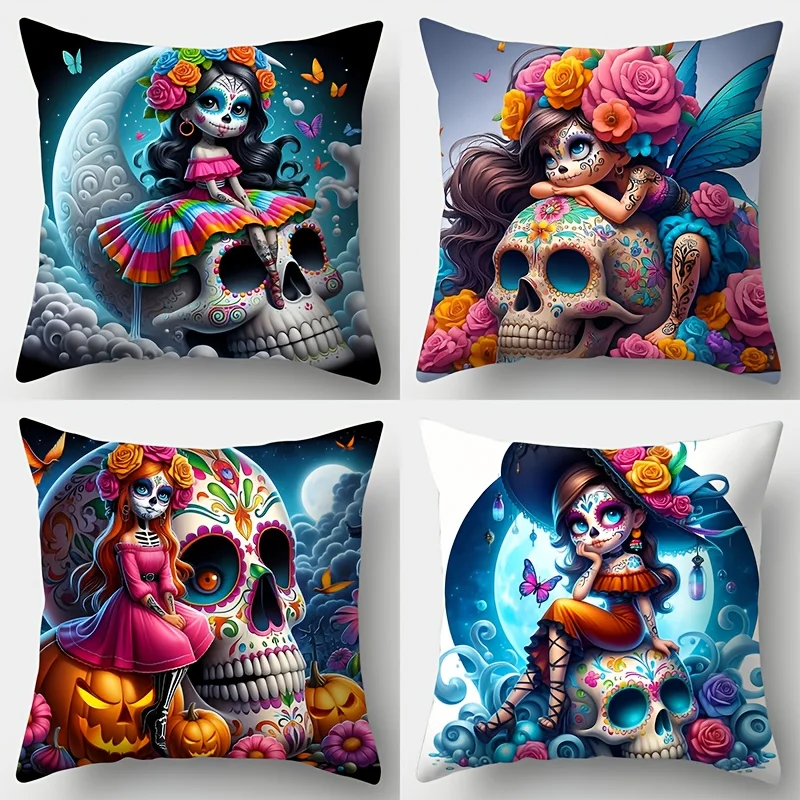 Set of 4 Pillow Covers, Day of The Dead Skull Mask Girl And Colorful Skull Patterns, Single‑Sided Print, Zipper Closure, Polyest