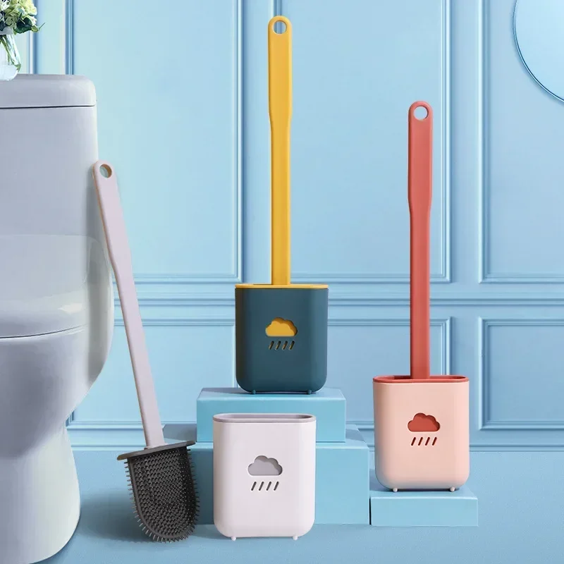 Silicone Toilet  Brush Wc Gap Brush with Holder Flat Head Soft Bristles Cleaning Brushes With Quick Drying Bracket Bathroom Tool