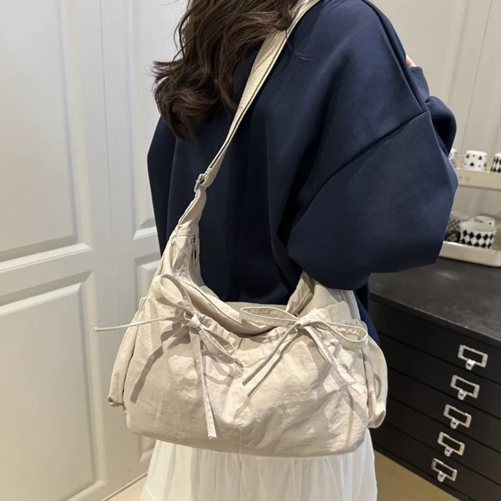 

Cute Pleated Bow Crossbody Bag Multiple Pockets Large Capacity Nylon Shoulder Bag Lightweight Korean Style Hobo Bag Travel