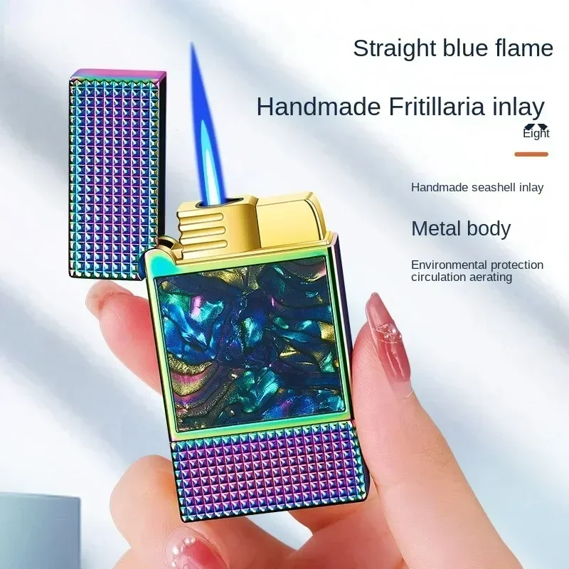 Metal Inlaid Color Case Lighter Windproof Flashlight Blue Flame Inflatable Butane Lighter Smoking Accessories High-end Gift