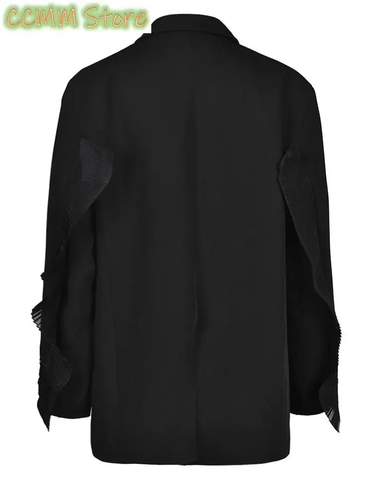 Women Black Ruffles Elegant Big Size Blazer Lapel Long Sleeve Loose Fit Jacket Fashion Spring Autumn