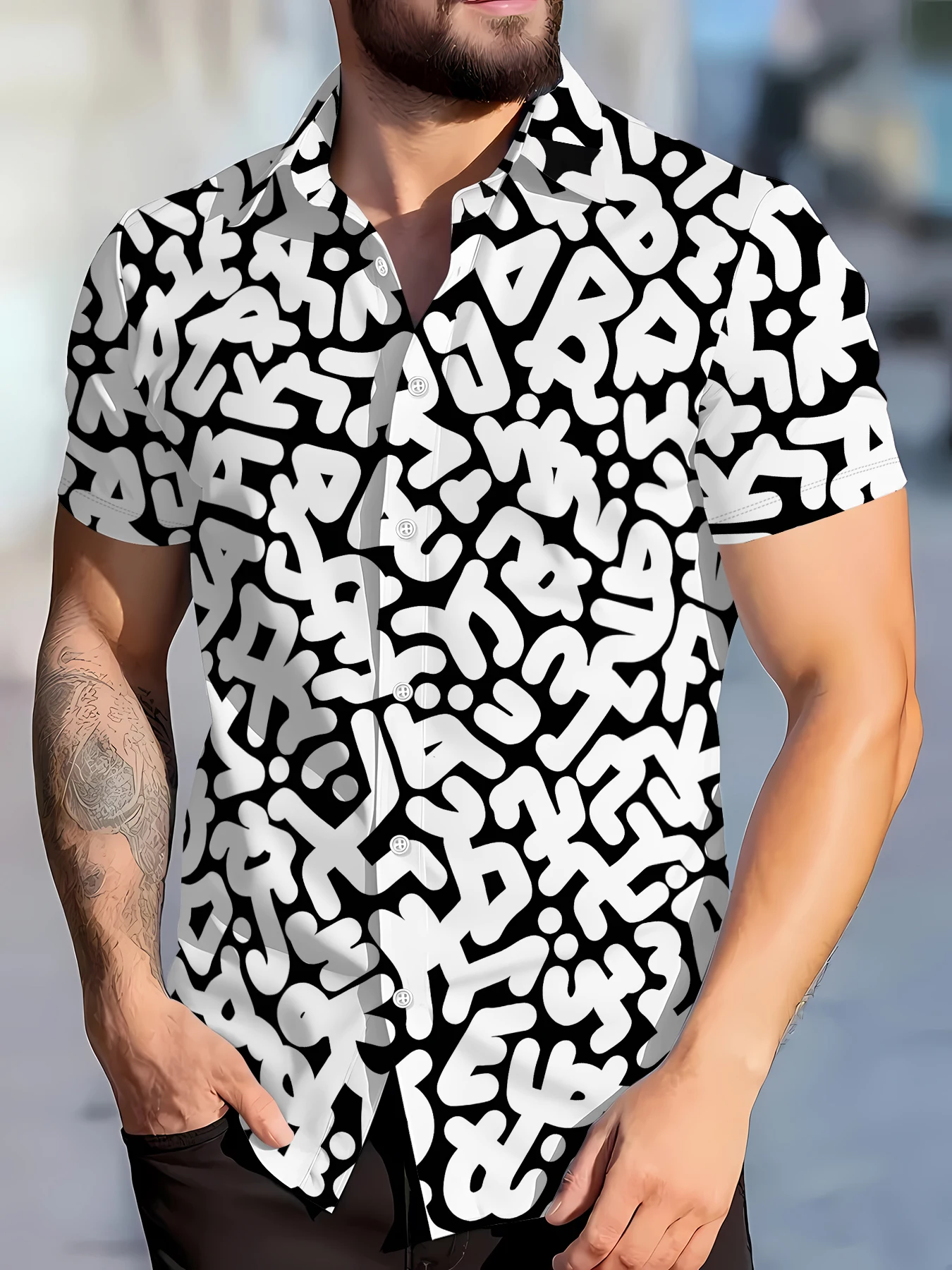 

2026 Summer New Style Men's Short-Sleeved Shirt with 3D Letter Print for Street Casual Fashion Comfortable Soft Breathable