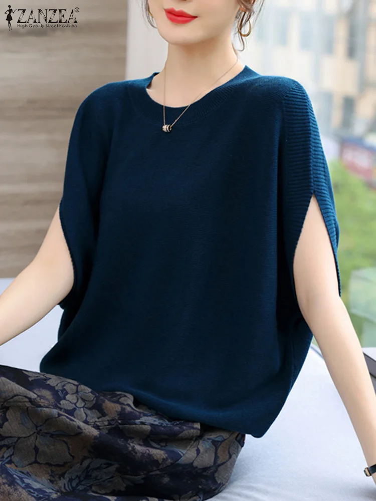 ZANZEA Women Stylish Bat Sleeve Knitted Blouses Korean Fashion Solid Color O Neck T-shirts Casual Loose Elegant Commute Tops