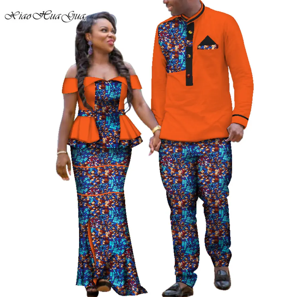 Ankara Wedding 2 Pcs Set African Dashiki Couple Print Clothing for Lovers Men's Shirt and Pant Blazer Women's Party Dress WYQ113