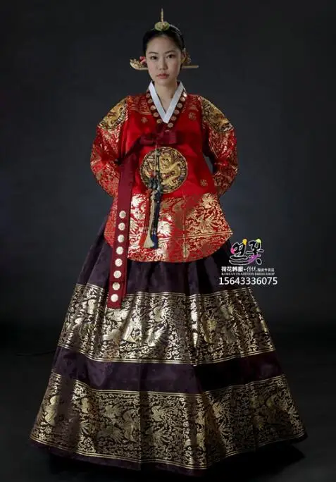 Korean Queen Dress Wedding Ancient Woman Traditional Hanbok Luxury Bronzing Embroidery Royal Palace Stage