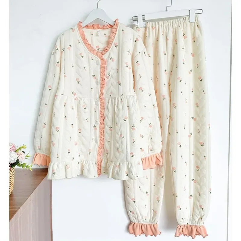 2024 neue Luft Baumwolle schwangere Frauen Pyjamas Herbst Winter Lounge wear Inter layer warme Still kleidung Falbala Frühling Homewear