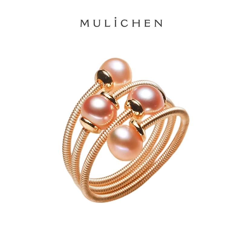 

MULICHEN 4-5mm Freshwater Pearl Women's Ring Hand-wound Art Jewelry Copper Alloy 14K Gold Plated Open Ring Fashion Jewelry