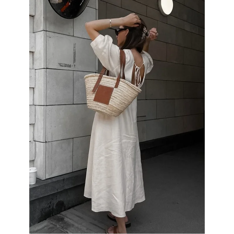 فستان FB-Simple كاجوال فضفاض من القطن والكتان للنساء صيفي بأكمام منتفخة وياقة V باللون البيج وخصر طويل