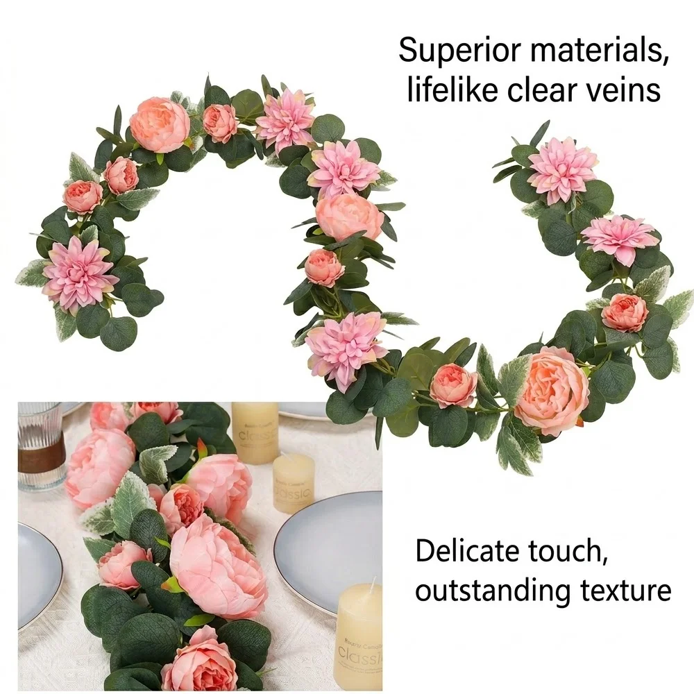 

Artificial Peony Vine Wreath with Wooden Hexagonal Base Christmas Wreath Table Decor, Wedding, Romantic Home, and Party Accent