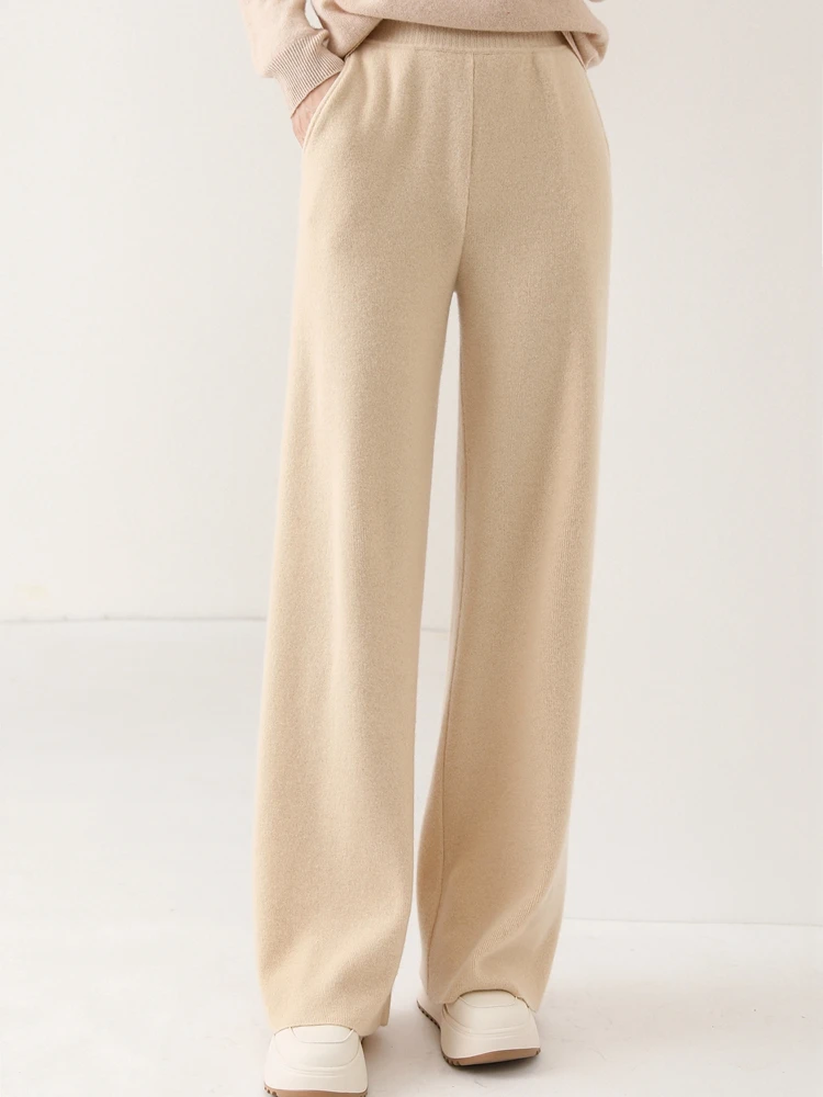 New Women’s Pure Wool Wide Leg Pants Autumn Winter Pockets Elastic Waist Straight leg Trousers 100% Merino Wool Knitting Pants