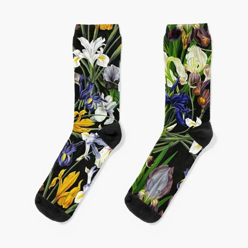 

Victorian Iris Flower Pattern on Black Socks christmass gift Toe sports bright garter heated Mens Socks Women's