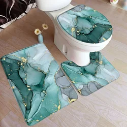 Abstract Turquoise Marble Bath Mat Set Modern Ink Art Textured Pattern Home Carpet Bathroom Decor Floor Rugs Toilet Lid Cover