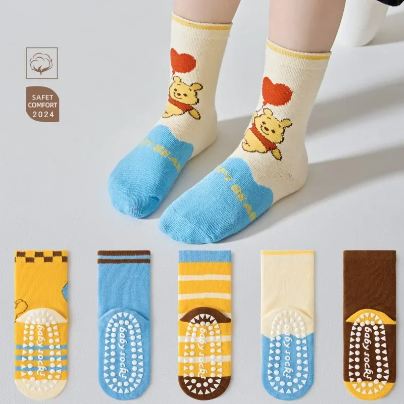 

5Pairs Winnie the Pooh Bear Kids Socks 1-12 Years Winter Cartoon Children Mid-calf Socks Non-slip Thicken Cotton Sock Boys Girls