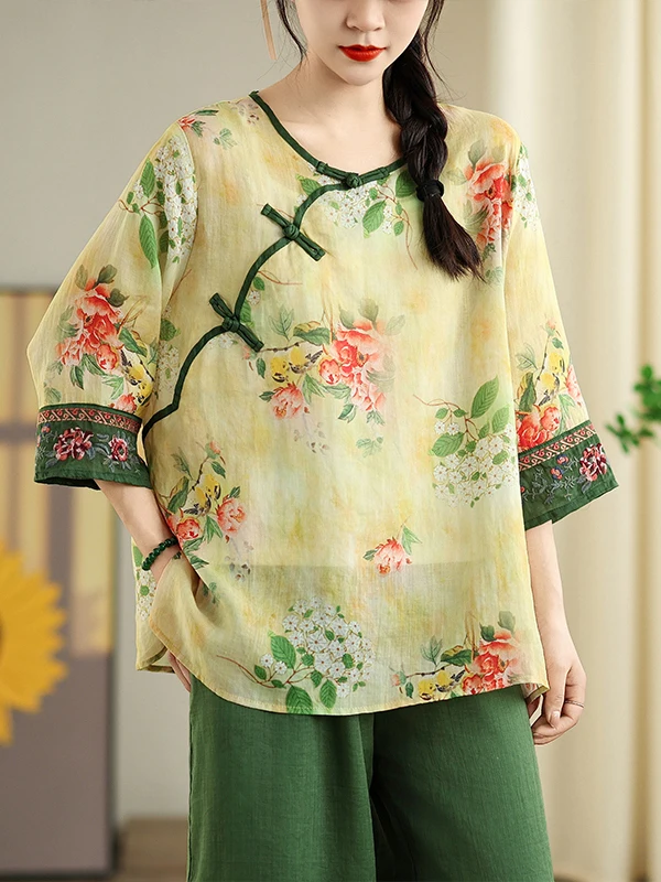

Retro Chinese Style Embroidered Flax Shirt Women's Small Top Button Tea Costume Upper Body Breathable Loose Fit Summer New