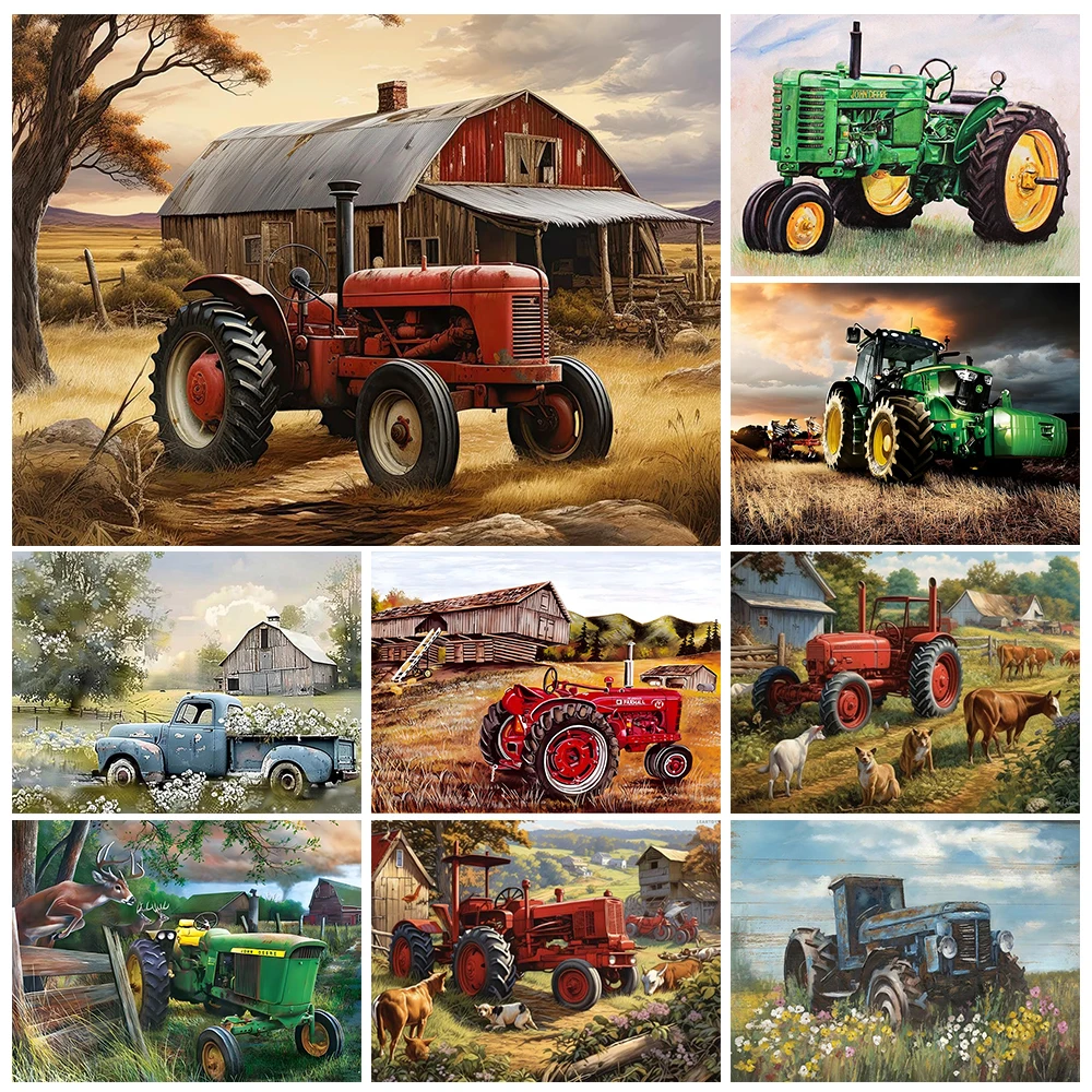 

Farm Landscape Diamond Embroidery Cross Stitch Kit Tractor Mural Diy Diamond Painting Adult Hand Gift Home Bathroom Wall Decor