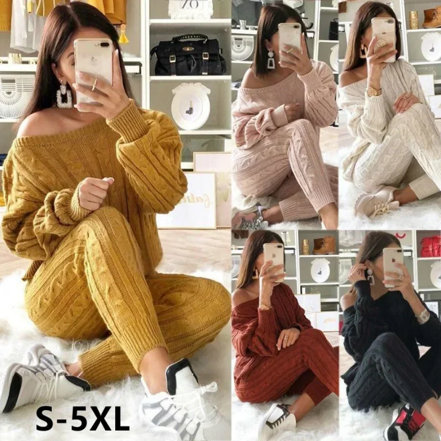 Autumn Winter Women 2 Piece Set Casual Knitted Tracksuit Sportswear Warm Sweater + Long Pants Outfits Women Autumn Wear S-5XL