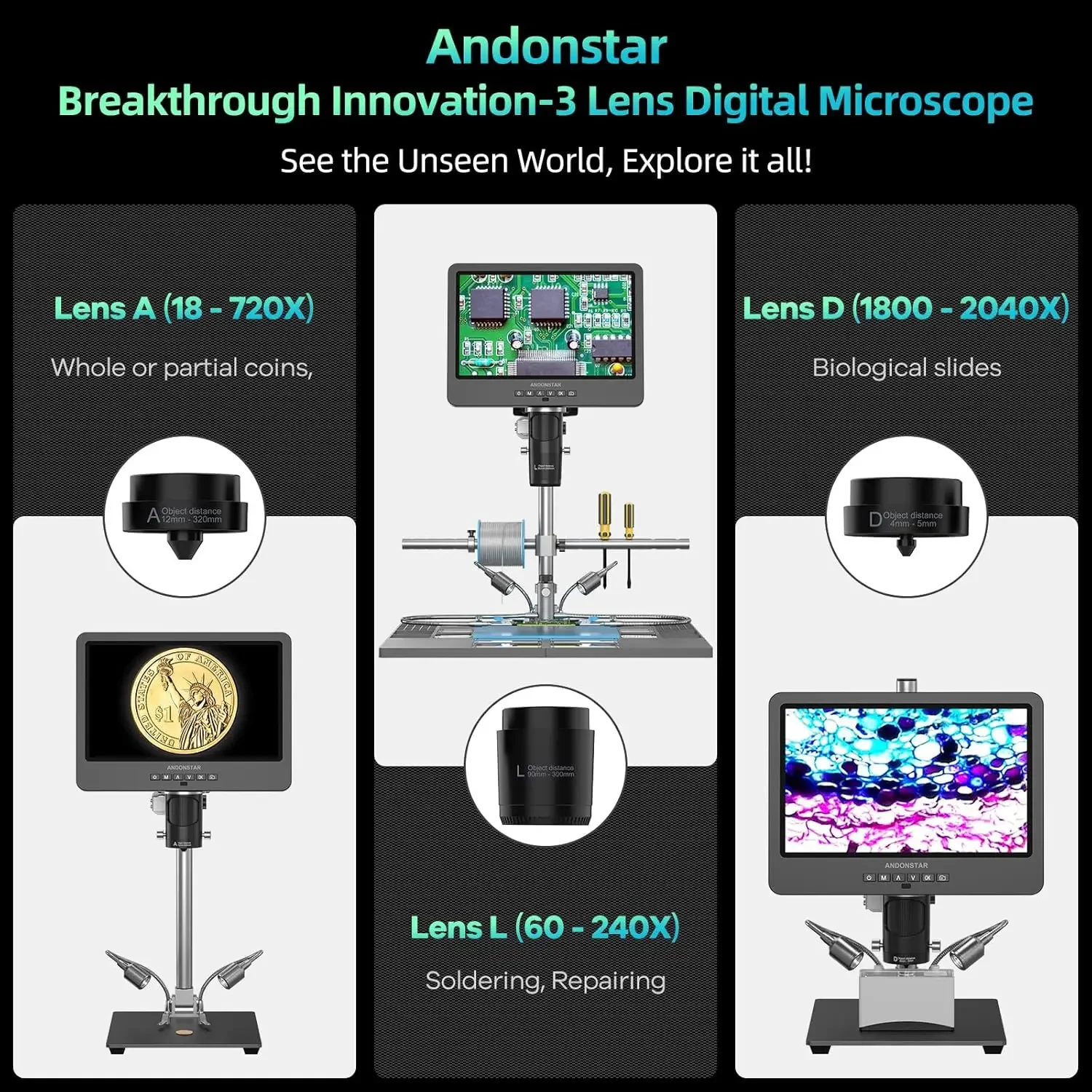 Andonstar AD249SM Plus 10.1''  Digital Soldering Microscope with 3 Lens Pro Metal Stand Soldering Station for Electronics Repair