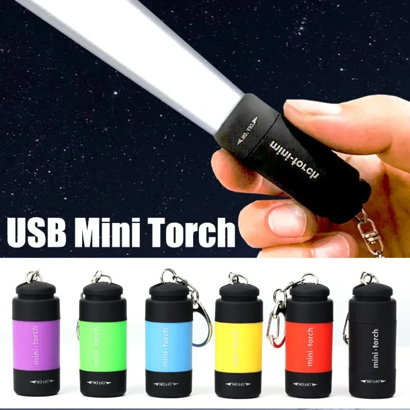 LED Mini Pocket Torch Lamp Portable USB Rechargeable Keychain Flashlight Multicolor 0.5W Waterproof Outdoor Hiking Camping Light