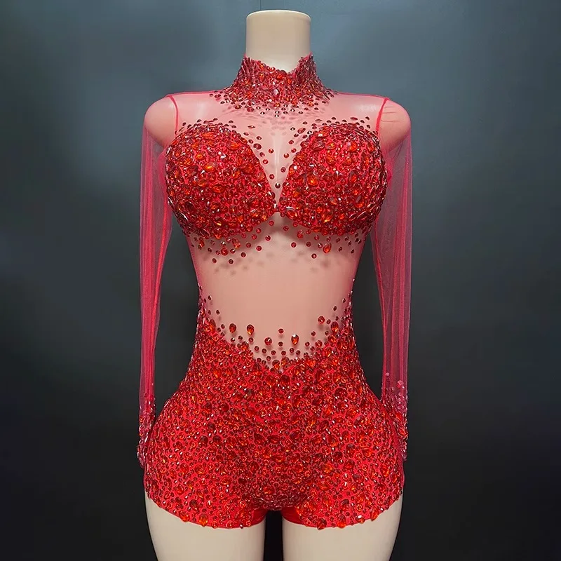 customized hollow neck hanging mesh fabric bodysuit diamonds embellished slim fit high elasticity zipper short jumpsuit rave