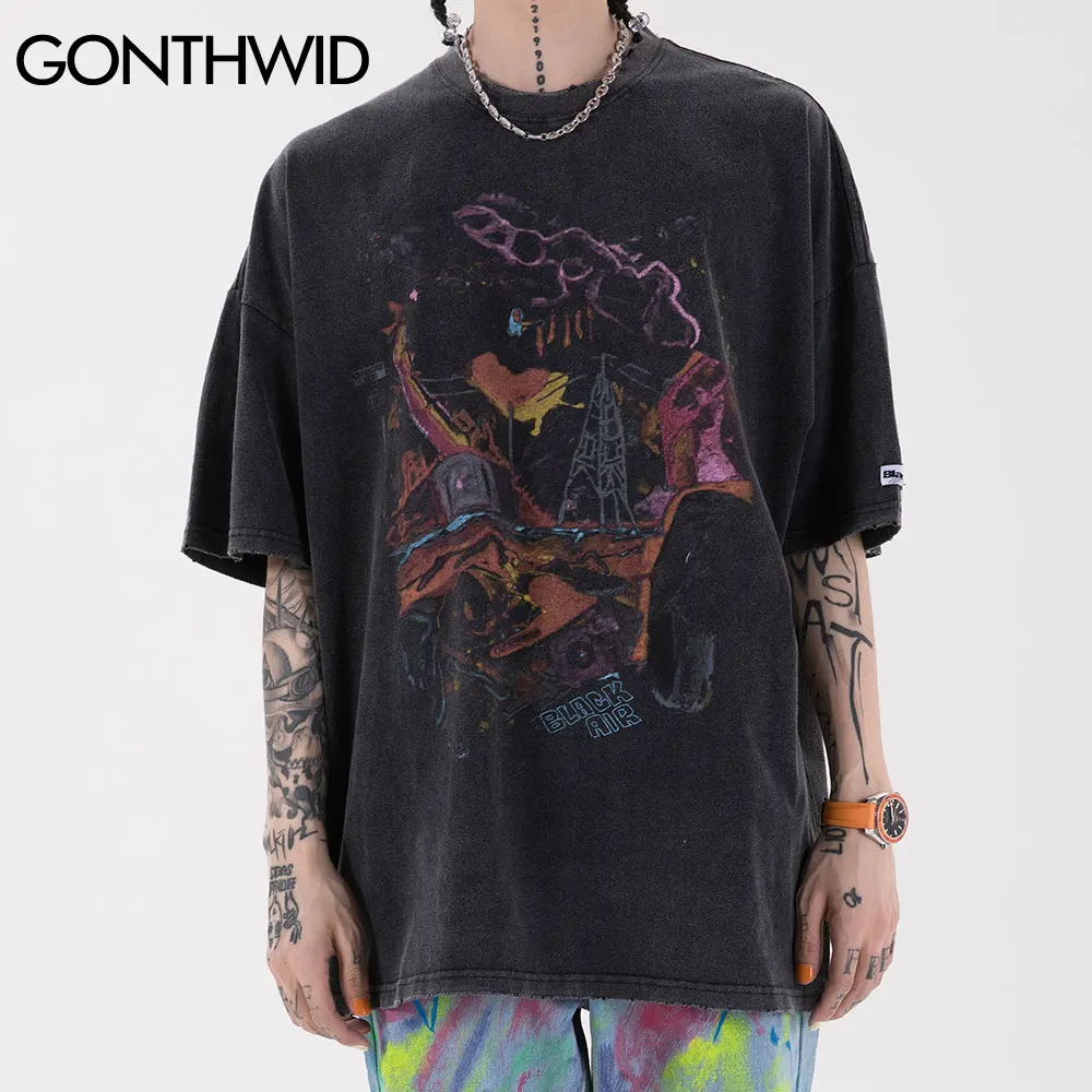 GONTHWID Oversized T-Shirts Hip Hop Distressed Graffiti Punk Rock Gothic Tee Shirts Streetwear Harajuku Hipster Short Sleeve Top