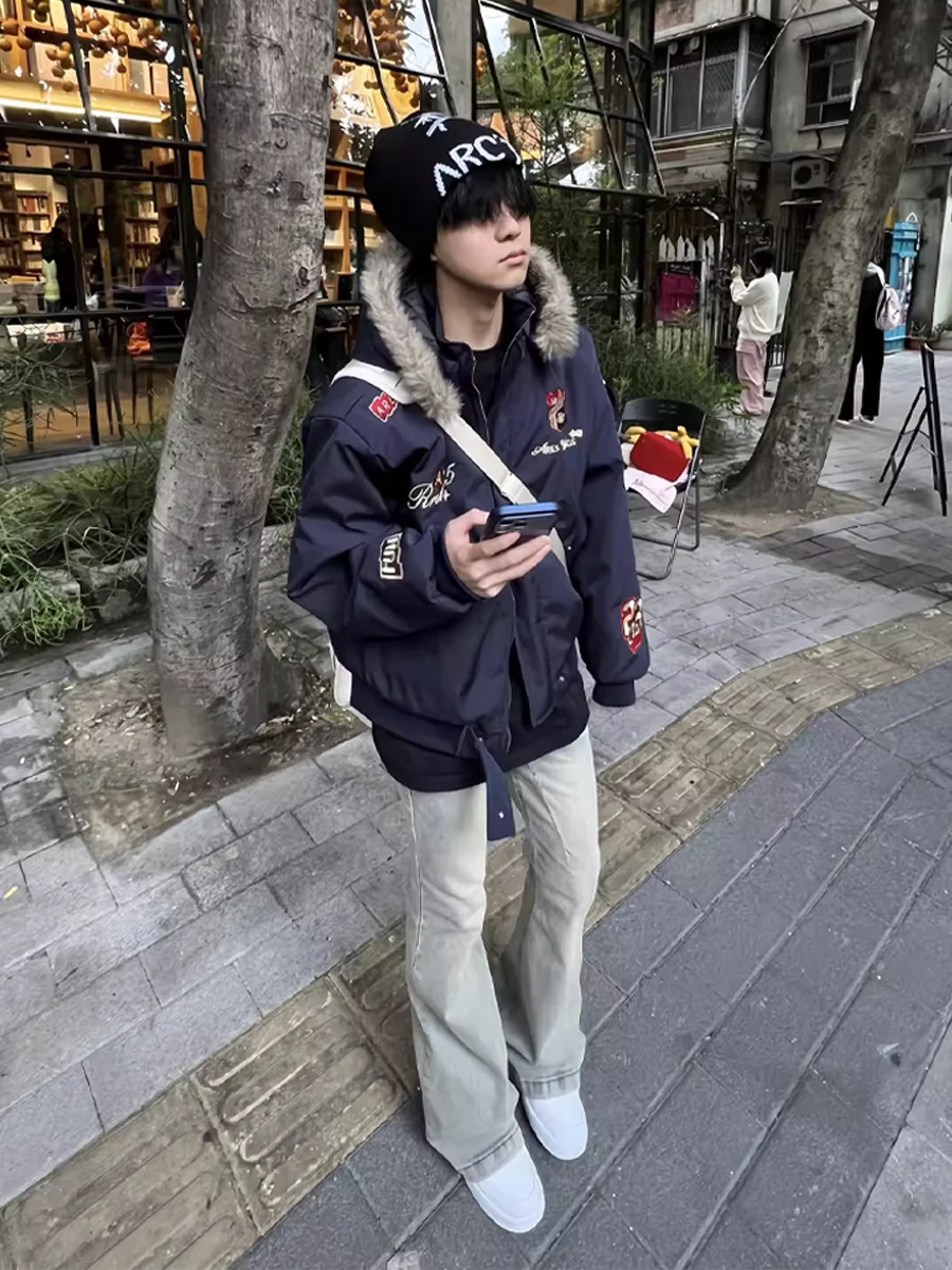 

Утепленная съемная куртка-бомбер с капюшоном в американском стиле хип-хоп с вышивкой, бейсбольная одежда, зимнее пальто для пар, молодежная повседневная куртка