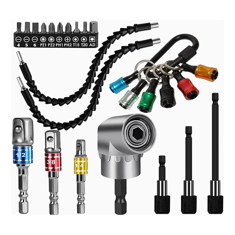 ABMH-26Pcs Flexible Drill Bit Extension Set,105° Right Angle Drill Attachment,1/4 3/8 1/2Inch Impact Driver Socket Adapter