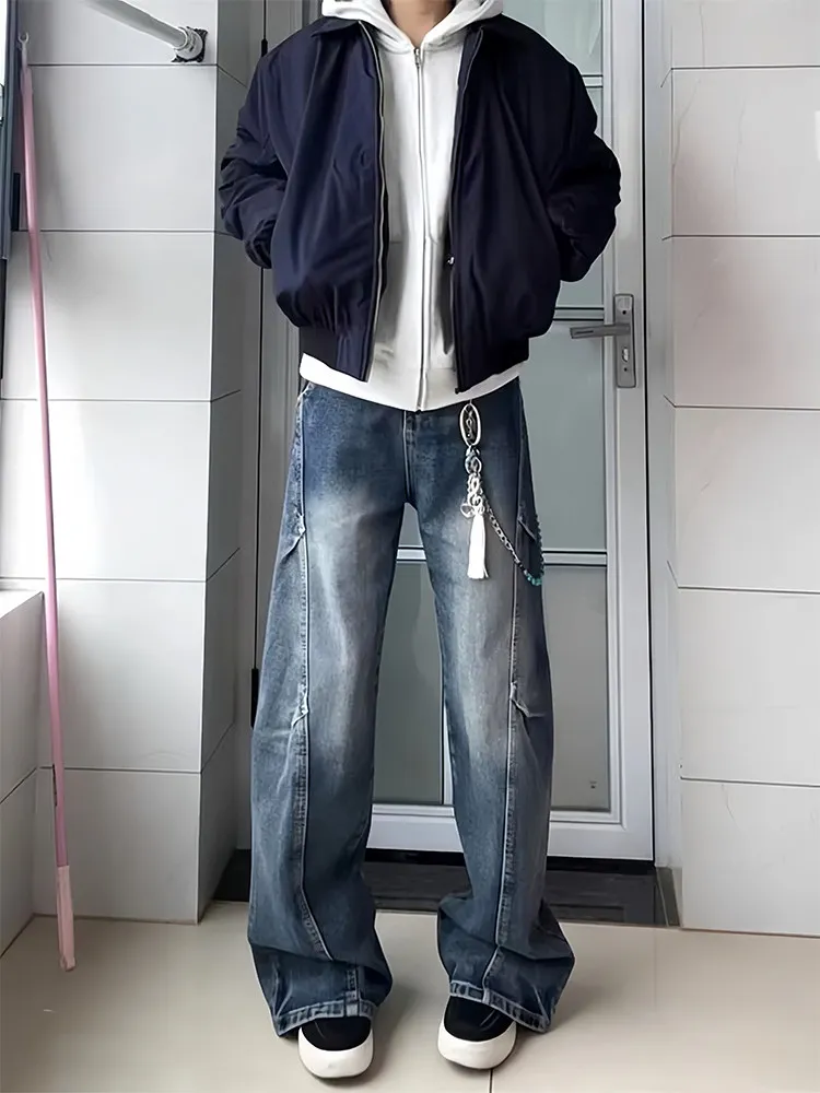 

Retro Washed Men's Bell Bottom Jeans Straight Leg Workwear Trousers American Style Slant Cut Rivet CleanFit Long Pants