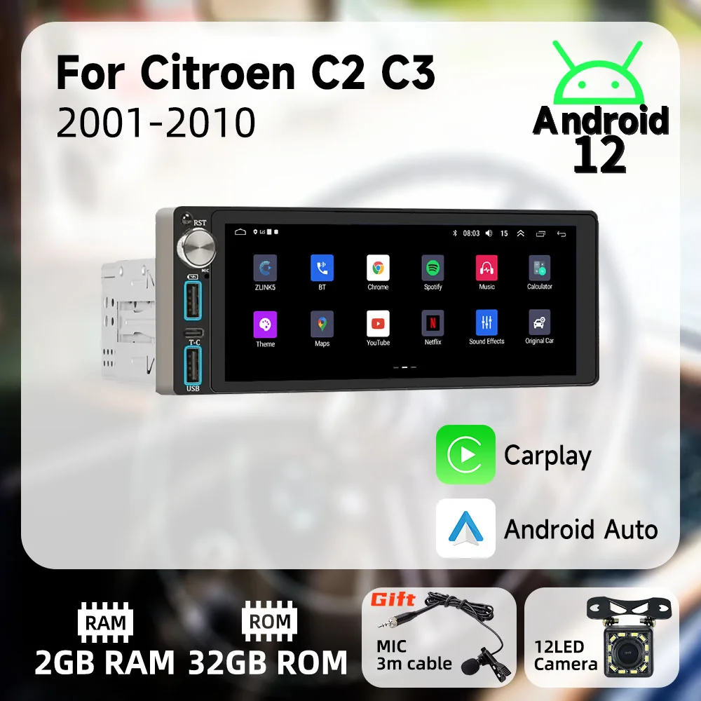 

Carplay 6.86" Screen 1 Din Radio Android Car Multimedia for Citroen C2 C3 2001-2010 Stereo Head Unit Autoradio GPS Navigation