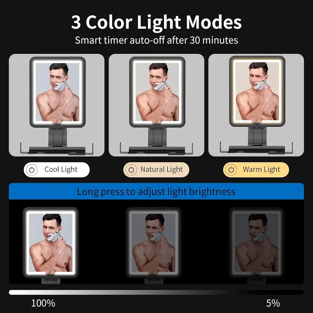 مرآة دش مضادة للضباب مع 3 أوضاع إضاءة، 9.5 × 7 بوصة، قابلة لإعادة الشحن، صينية تخزين وحوامل ماكينة حلاقة للحلاقة الخالية من الضباب #4