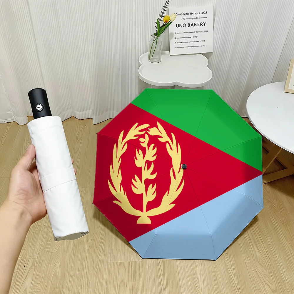

Автоматический складной зонт с принтом национального флага Эритреи (зеленый, красный, светло-синий, с треугольниками и золотым оливковым венком), водонепроницаемый, ветрозащитный, компактный