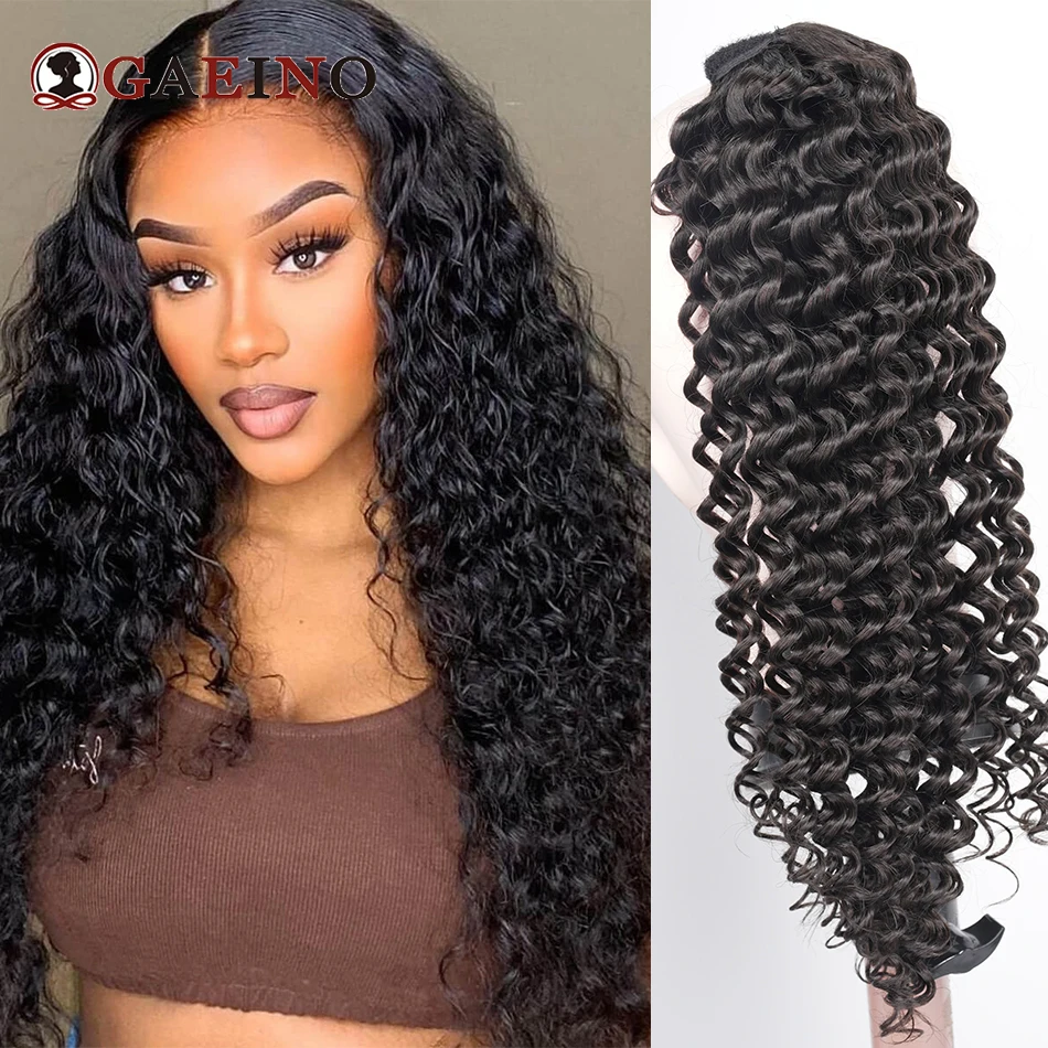 GAEINO Deep Wave Clip in Ponytail Hair Extension Curly Human Hair Wrap Around Pony Tail Dark Blonde Brown Hair Piece  18-28Inch